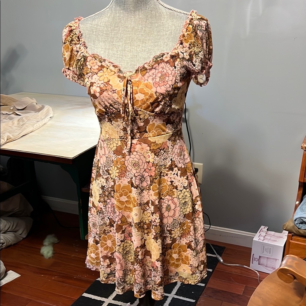 Forever 21 Tan and Pink Boho Floral Tiered Sundress
